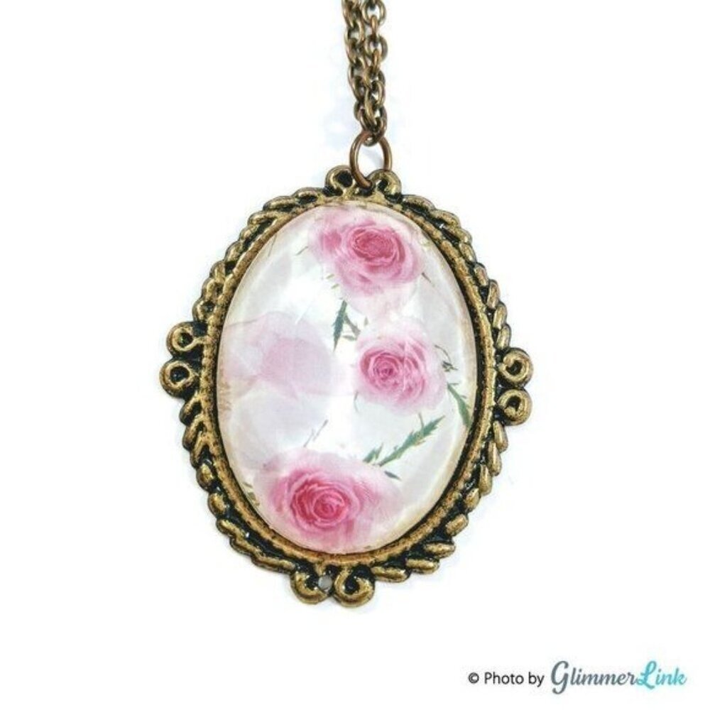 Oval Roses Pendant Necklace Brass Tone Floral Cameo Style